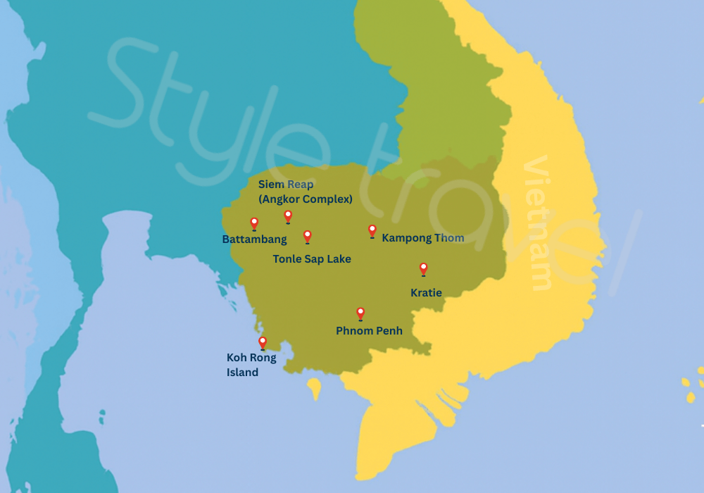 Carte des destinations au Cambodge
