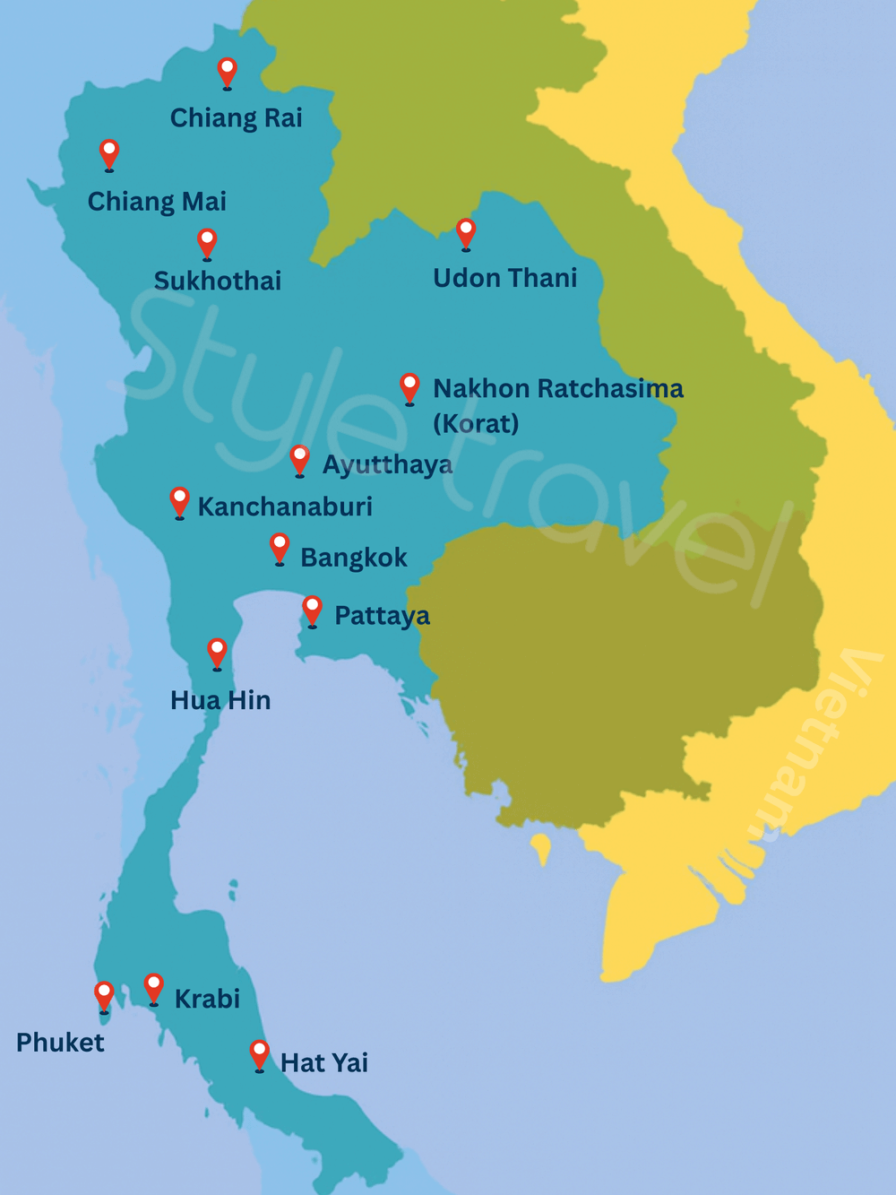 Carte des destinations en Thaïlande